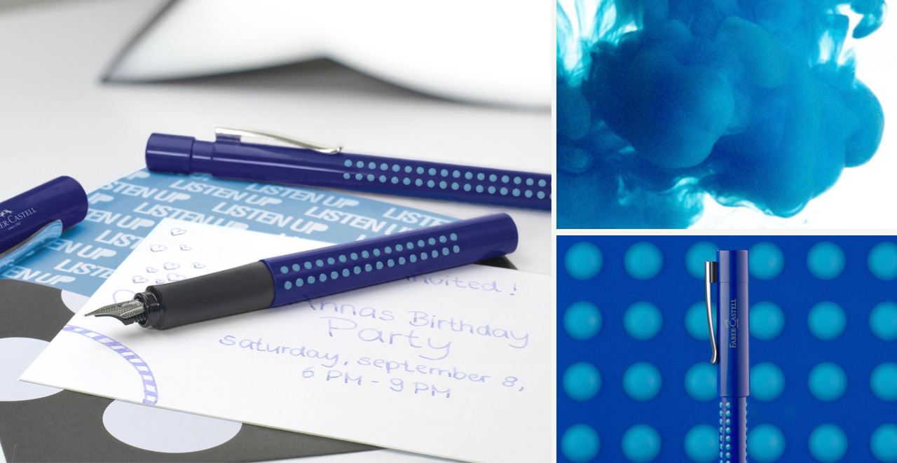 Blue grip fountain pen lying on a birthday invitation.