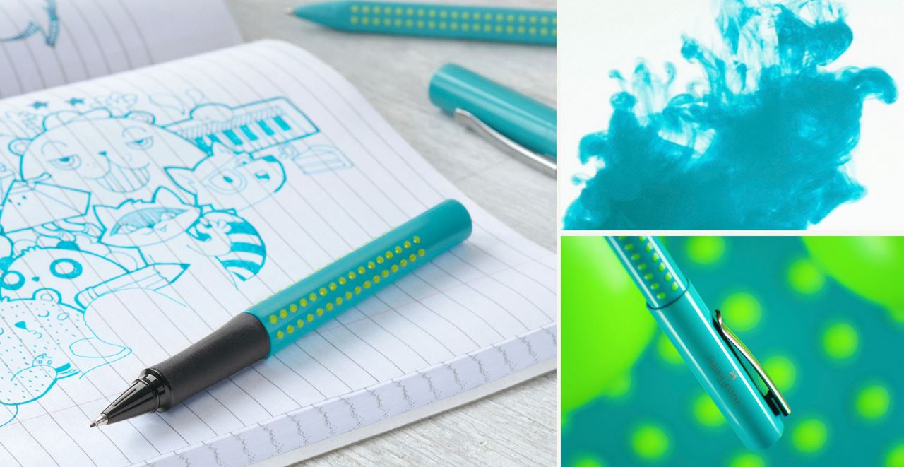 The turqoise grip finewriter with green dots lying on a notebook with green drawings in it.