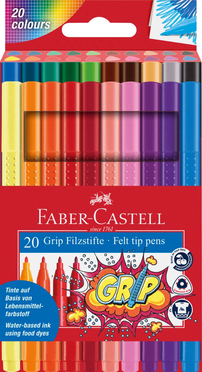 Faber-Castell - Grip felt tip pen, cardboard wallet of 20